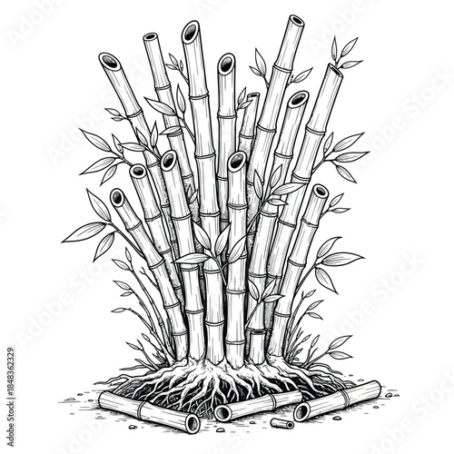 Detailed black and white line art illustration of a bamboo grove with exposed roots and cut stalks.