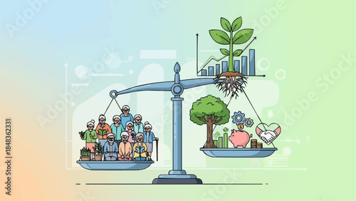 Balance between people and nature on a scale.