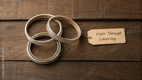 Three Elegant Silver Bracelets with Unique Designs on a Wooden Background Featuring a Name Tag