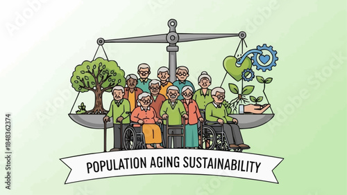 Population Aging Sustainability Balanced on Scales with Diverse People and Growth Symbols.
