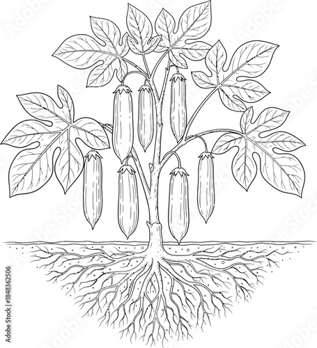 Detailed black and white line art of a papaya tree showing fruit leaves and an extensive visible root system.