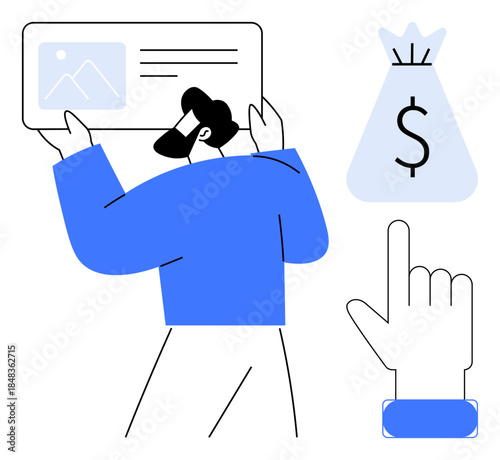 Profile card with user details held by a person, hand pointing upward, and a money bag symbol. Ideal for concepts thumbs up digital identity, financial security, e-commerce, online banking, fintech