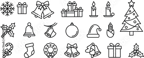 Christmas line icon set with snowflake gift bell candle tree wreath stocking and holiday decorations, simple outline vector symbols