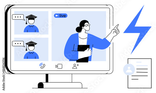 Online learning, virtual classrooms, e-learning, education technology, remote teaching, distance education. Digital screen showing teacher instructing virtual students. Online learning and virtual