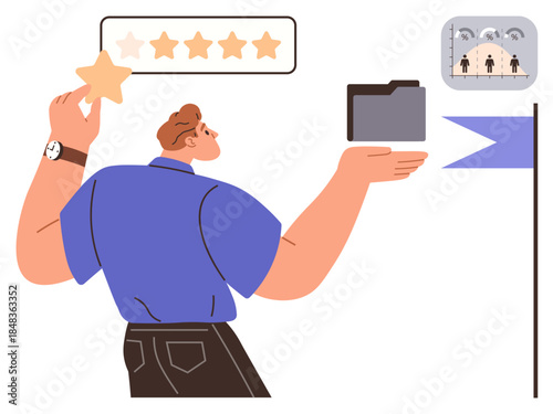 Male figure adding a star to rating scale, with folder, analytics, and flag elements symbolizing feedback, performance, strategy, goals, success organization and evaluation. Ideal for business