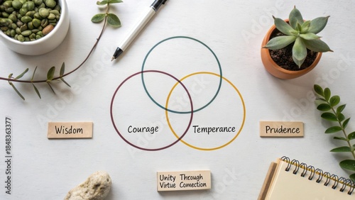 Venn Diagram Representing Core Virtues Wisdom Courage Temperance Prudence and Unity Through Virtue Connection on a White Table