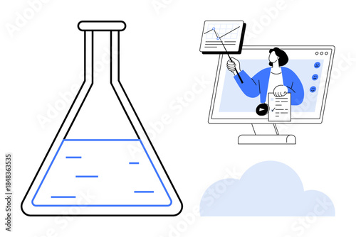 Science and education. Science ed by a flask for innovation and research. Education highlighted by online learning tools and a presenter. For e-learning, research, STEM, digital education, knowledge