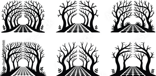Black silhouette forest pathway collection with arching trees and stone roads, mystical woodland tunnel scenes, atmospheric nature landscape vector illustration set