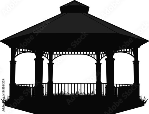 Classic garden gazebo silhouette vector illustration, elegant wooden pavilion with arched columns and roof, outdoor park shelter architecture isolated