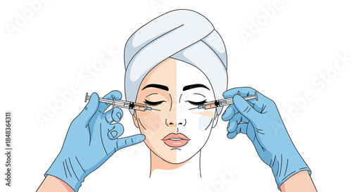 A beautician's hands in blue gloves give cosmetic injections with syringes to a woman's face for a facial rejuvenation and beauty treatment.
