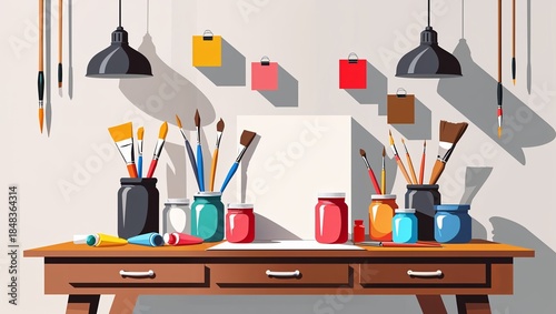 Artist's Workspace: A Vibrant Still Life of Painting Supplies