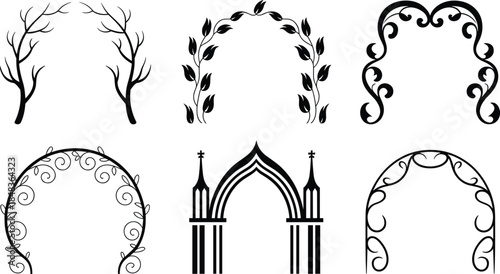 Decorative arch frame collection with floral vines, tree branches and ornamental curves, elegant silhouette doorway borders vector illustration set