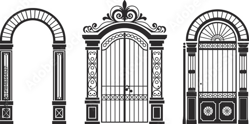 Classic ornamental arched gates collection, vintage wrought iron doorways, architectural entrance designs, black silhouette vector illustration set