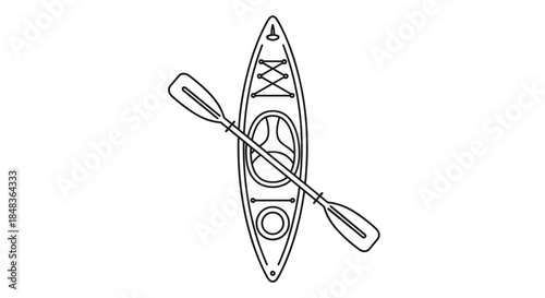A top-down view of a kayak with a paddle, presented as a simple black line art icon for water sports, adventure, and recreation.
