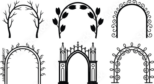 Decorative arch frames collection, garden trellis and gothic architectural arches, floral and ornamental entrance designs, black silhouette vector illustration set