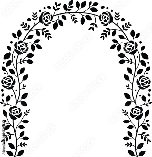 Decorative rose floral arch silhouette with leaves and vines, elegant botanical wreath frame, black flower border vector illustration for wedding design