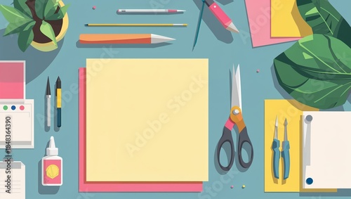 Creative Workspace: A Flat Lay of Art Supplies and Tools