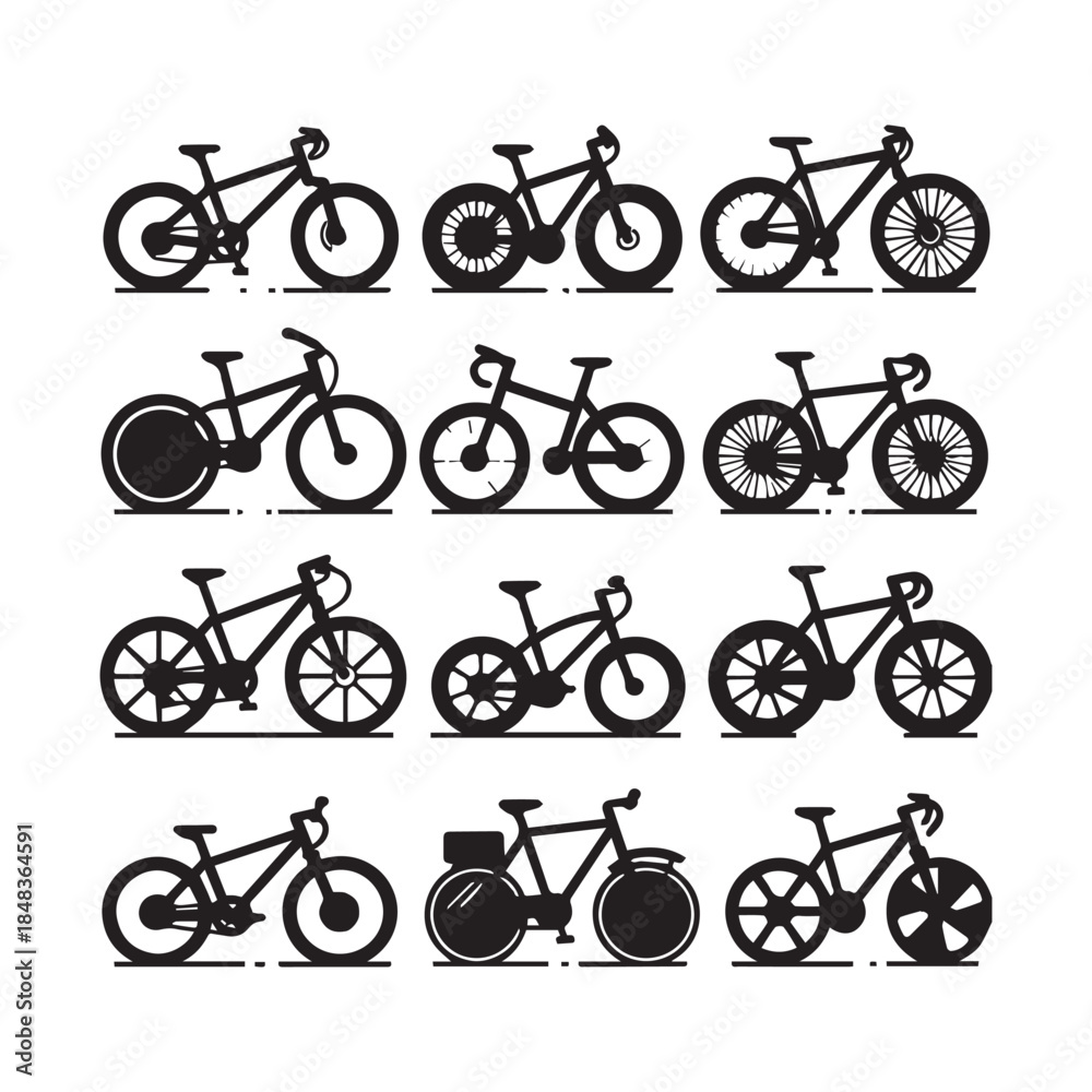 Obraz premium Bicycle Silhouette Icons – Minimal Bike Vector Set for Design