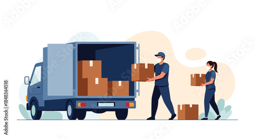 Delivery service workers wearing face masks are loading cardboard boxes into the back of a large truck during the coronavirus pandemic.