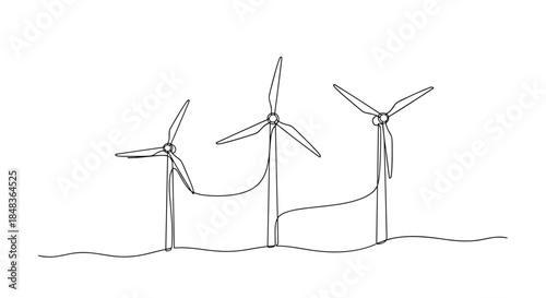 A simple continuous single line drawing of three wind turbines, illustrating the concept of renewable, sustainable, and clean green energy.