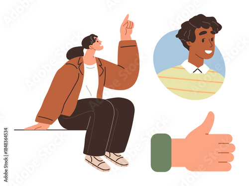 Casual person confidently gestures upward next to a smiling portrait in a bubble and a thumbs-up. Ideal for communication, positivity, approval, teamwork, encouragement, feedback, and optimism. A