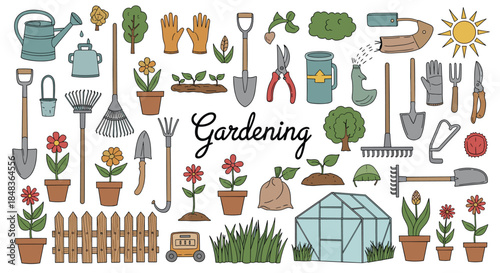 A large collection of colorful, hand-drawn gardening tools and equipment, including a watering can, shovel, plants, and a greenhouse.