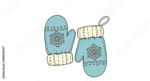 A pair of cozy blue winter mittens decorated with snowflakes, hand-drawn in a cute doodle style for cold weather.