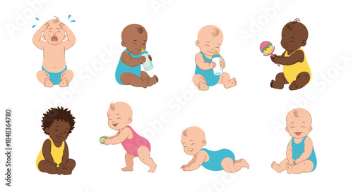 A diverse set of multicultural babies and toddlers in various poses, including crying, playing, crawling, and drinking milk.