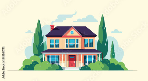 A beautiful two-story suburban family house with a porch, surrounded by green trees and bushes on a light background.