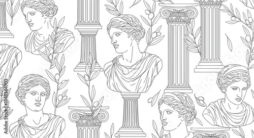 A seamless pattern featuring ancient Greek goddess statues, classical columns, and olive branches in a black and white line art style.