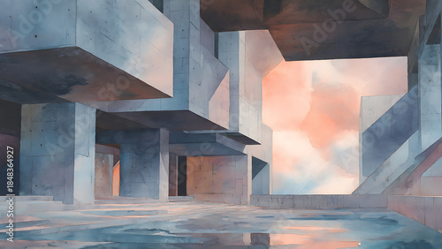 Massive Brutalist concrete blocks and sharp architectural shapes dissolving into soft, ethereal watercolor washes in pastel blue and peach.