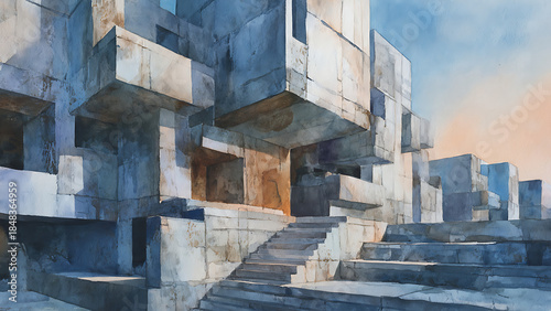 Massive Brutalist concrete blocks and sharp architectural shapes dissolving into soft, ethereal watercolor washes in pastel blue and peach.