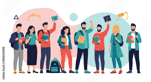 A diverse group of happy university students with backpacks and books, celebrating their graduation by tossing their caps.