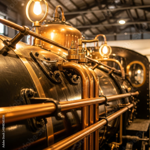 Antique steam train engine with gleaming copper pipes