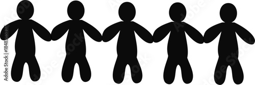 Black silhouette vector of five people holding hands. Symbol of unity, teamwork, friendship, community, and cooperation in a simple flat style.