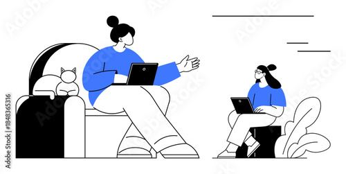 Remote work. Casual remote work setup with women using laptops. Perfect for work-from-home, digital communication, freelancing, online collaboration, productivity