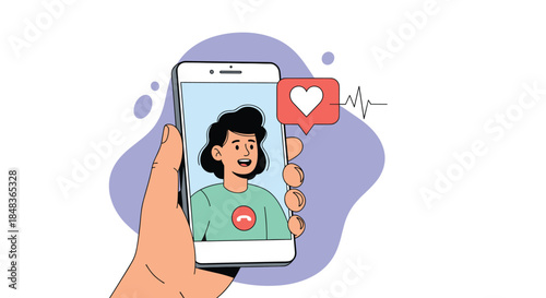 A hand holding a smartphone during a video call, with a heart icon notification showing love or a like.