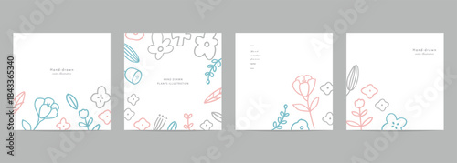 手描きの草木のバナー背景。北欧風の草木と花のシンプルテンプレート背景。Hand-drawn plant banner background. Scandinavian style plant and flower simple template background.