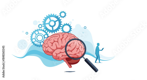 A magnifying glass examining a human brain with gears in the background, symbolizing psychology, research, and mental processes.