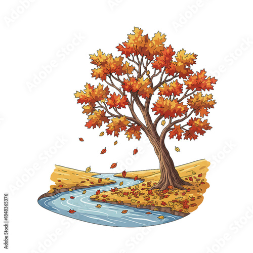 Autumn trees on the river bank, with a white background.