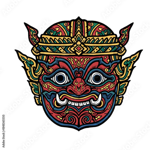 Traditional mask design with typical Thai characteristics. Isolated on a white background.