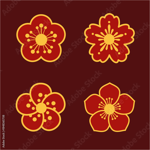 Stylized Sakura & Plum Blossom Outline Set – Elegant Eastern Floral Graphics, Traditional Line Art Elements for Textile Prints, Wallpapers & Logo Design