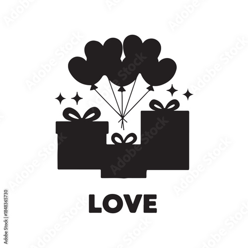 Minimalist illustration combining floating heart balloons and a stack of beautifully wrapped presents, embodying the spirit of love, holidays, and joyous giving in a simple graphic style