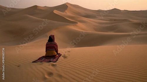 a lonely nomad in the desert landscape with dunes and patterns of sand