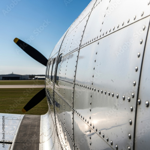 Close up of a vintage airplane's metallic fuselage and propeller