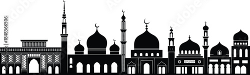 Islamic mosque skyline silhouette, domes and minarets architectural panorama, traditional religious buildings landscape, black silhouette vector illustration set