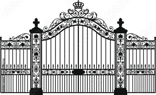 Luxury ornamental wrought iron gate vector illustration, classic royal fence design with decorative metal bars, vintage entrance gate silhouette isolated