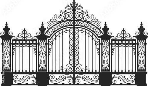 Luxury wrought iron gate design, ornate palace entrance with decorative columns and scrollwork, classic architectural fence, black silhouette vector illustration
