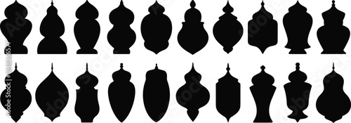 Ornamental finial silhouettes collection, decorative architectural toppers, vintage islamic and classical design elements, black silhouette vector illustration set