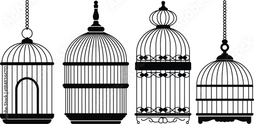 Vintage hanging bird cage vector illustration set, decorative wrought iron birdcages collection, classic ornamental pet enclosure silhouettes, elegant line art, isolated on white background
